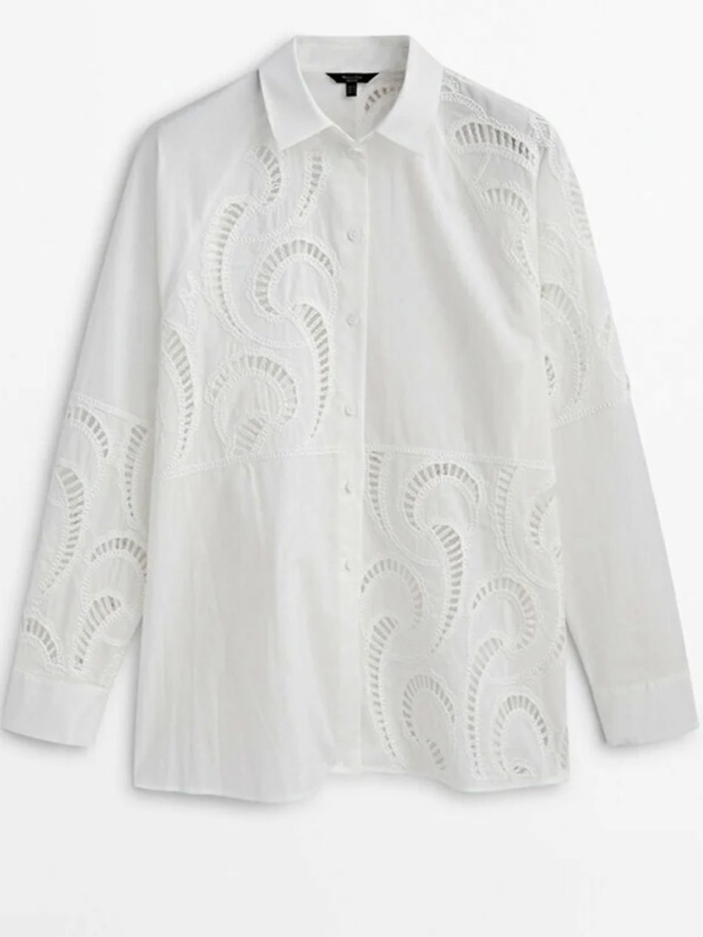 Massimo Dutti White Embroidered Lace Button Down Tunic Blouse